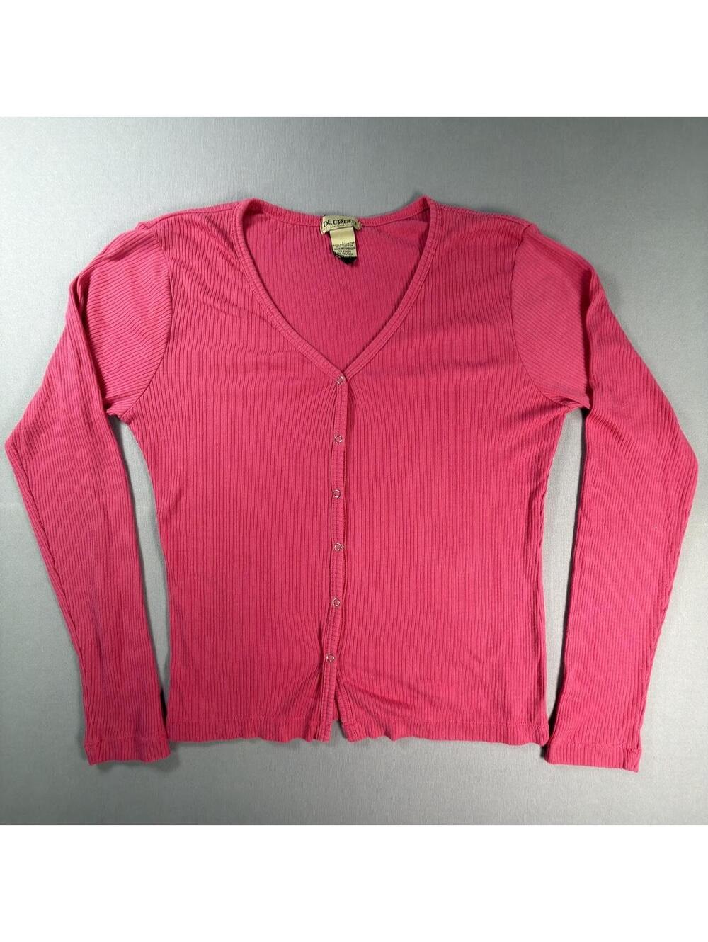 Decoded Ribbed Cardigan Pink V Neck Button Up Sweater Womens Large Y2K